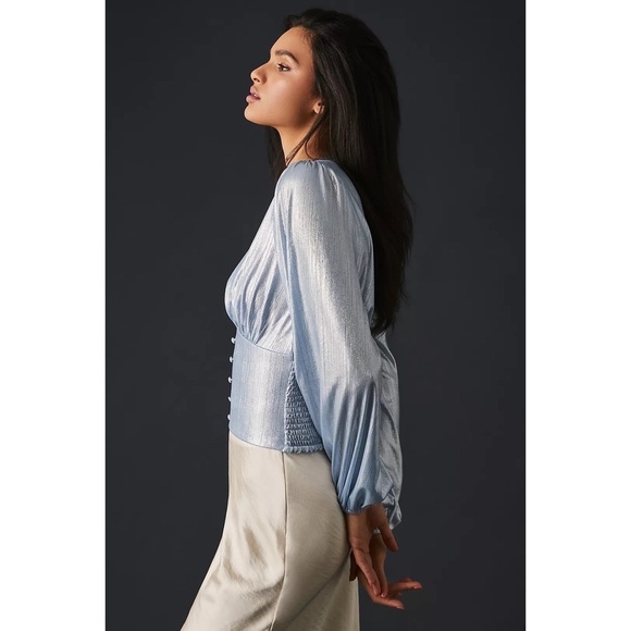 ANTHROPOLOGIE Shine Smocked V-neck Blouse Top Blue Size M NWT - Picture 2 of 9